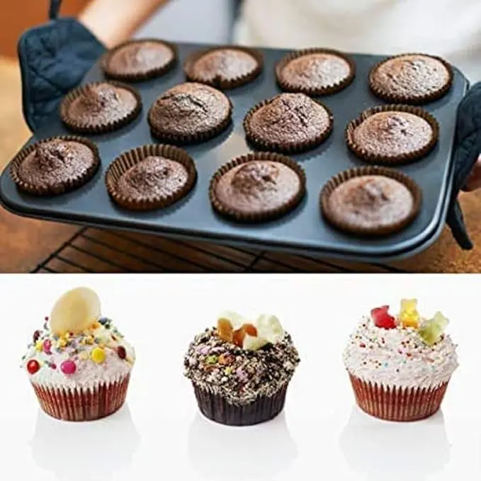 12 Slots Non-Stick Cup Cake Tray Carbon Steel Cupcake Muffin Tray for Mini Cup Cakes Mould for Baking Idol for Muffin OTG Oven and Microwave Safe