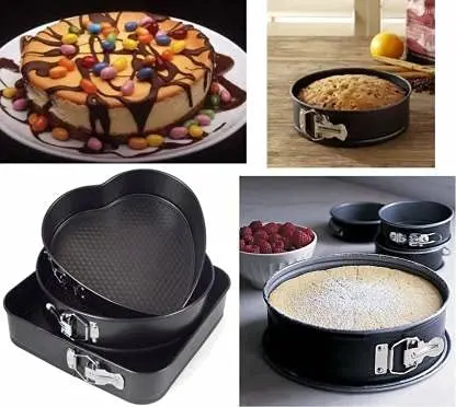 3-Piece Non-Stick Baking Tray | Steel Cake Round, Square & Heart-Shaped Making Tray, 3 Pcs, Black.