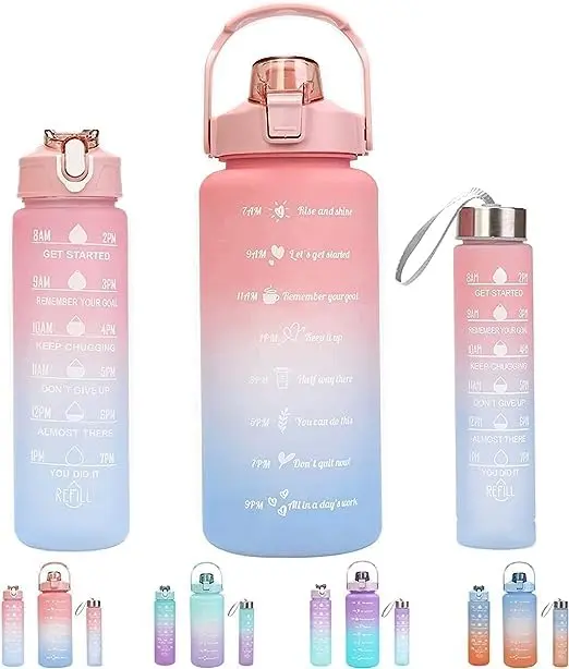 3pcs Motivational Water Bottle with Straw and Time Maker and Secure Locking Lid (Multicolor)