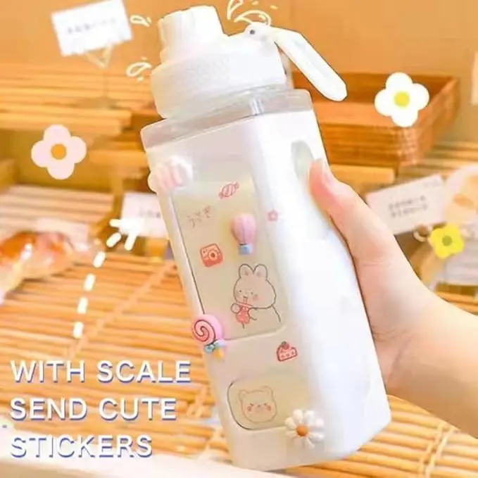 Kawaii Water Bottle with Straw Cute Large Water Bottles with Kawaii Stickers Aesthetic Leakproof Square Drinking Bottle.700ML (White)