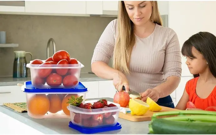 Plastic Food Storage Container 3 Pcs Set, Airtight Lid for Kitchen, (800ml,1600ml,2400ml) (RED, BLUE)