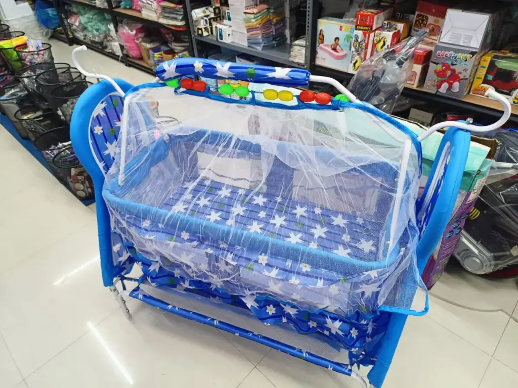 Baby Sleeping Swing CradleJhula/Palna/Bed/Baby Bedding Set with Mosquito Net & Storage Basket 0 to 12 Month (Colour Blue)