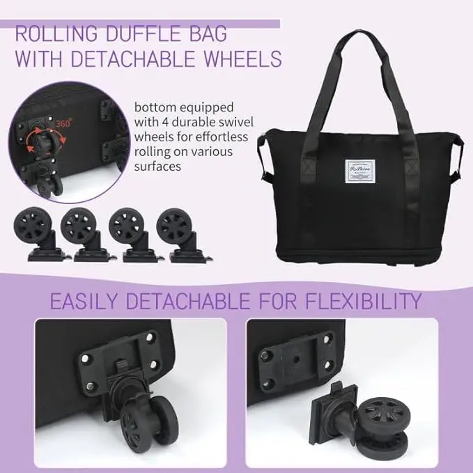 Rolling Duffle Bag with Wheel, Expandable Foldable Travel Duffel Bag with Removable Wheels. Avaible Colour: (BLACK, WINE, PURPLE, GREY)