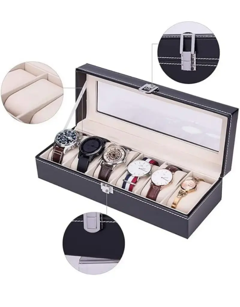LEATHER Watch Box, 6 Slot Watch Case Pu Leather Real Glass Lid Watch Display Case Watch Organizer Watches Storage Case For Men & Women