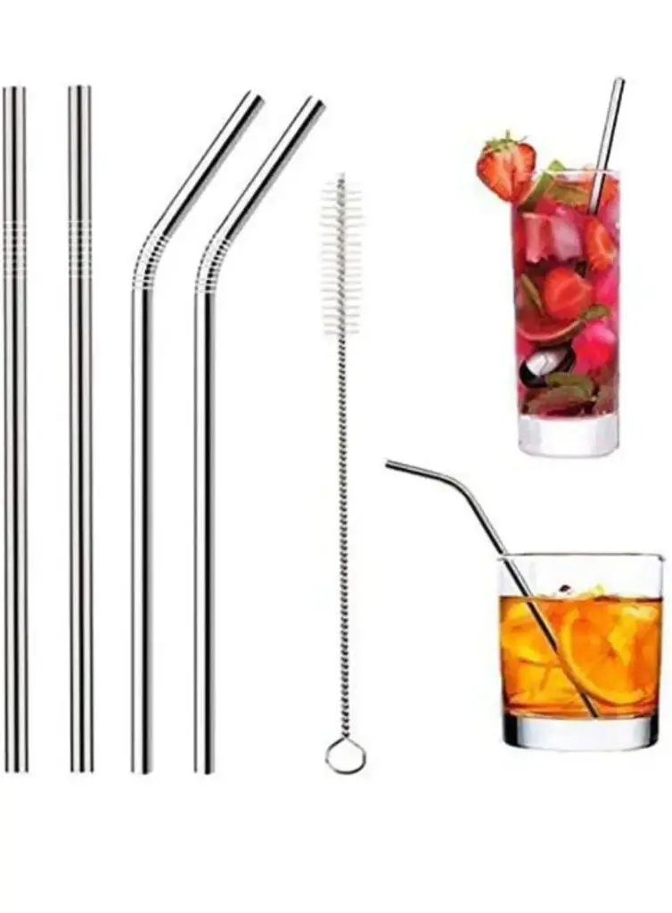 Reusable 304 Stainless Steel Drinking Straws (2 Bend & 2 Straight Straws, 1 Cleaning Brush) Reusable BPA-Free Metal, Thick, Long, Dishwasher Safe Stainless Steel Drinking Straws (Big)