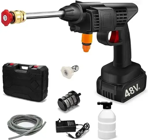 Wireless High Pressure Washer Gun for Car Washing 48V Double Battery 5 Cell Rechargeable Electric Pressure Washer Gun Machine Tool for Bike, Cleaning, Gardening with Adjustable 3 in 1 Nozzle and 5M Hose Pipe (BIG PETI)