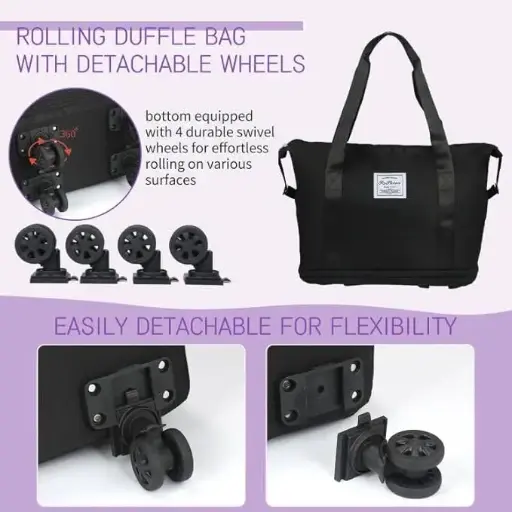 Rolling Duffle Bag with Wheel, Expandable Foldable Travel Duffel Bag with Removable Wheels. Avaible Colour: (BLACK, WINE, PURPLE, GREY)