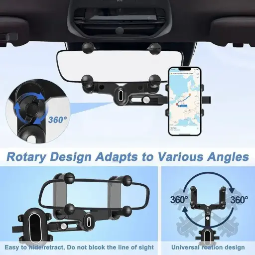 Mirror Phone Holder for Car Rotatable and Retractable Car Phone Holder, Multifunctional 360° Rear View Mirror Phone Holder Suitable for All Mobile Phones.