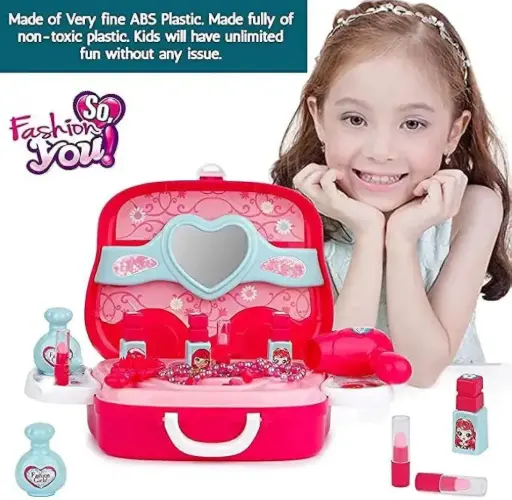 Beauty Make up case and Cosmetic Set Suitcase with Makeup Accessories for Children Girls- Pink, Plastic